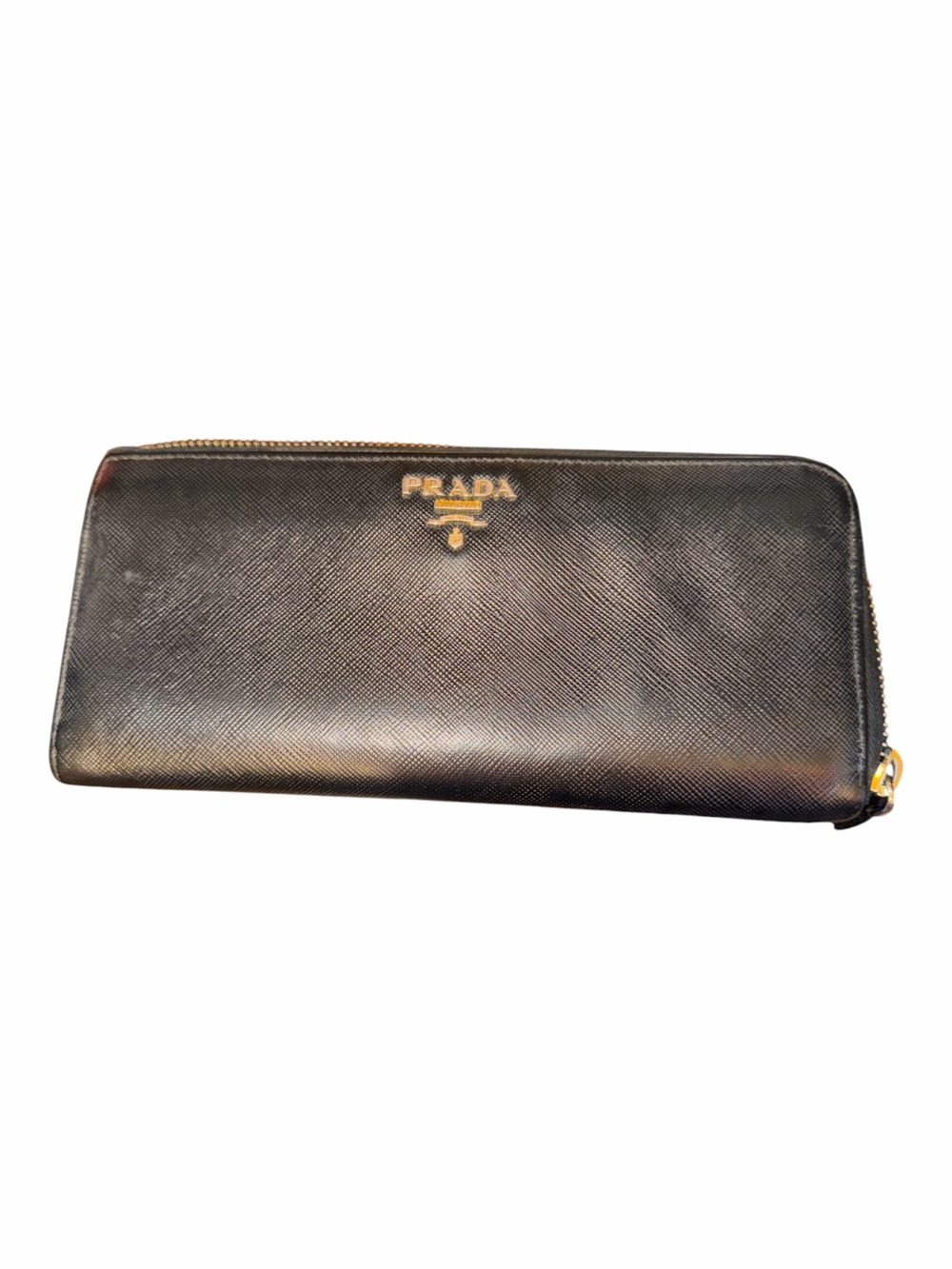 Prada Black Saffiano Zip-Around Continental Wallet with Gold Hardware